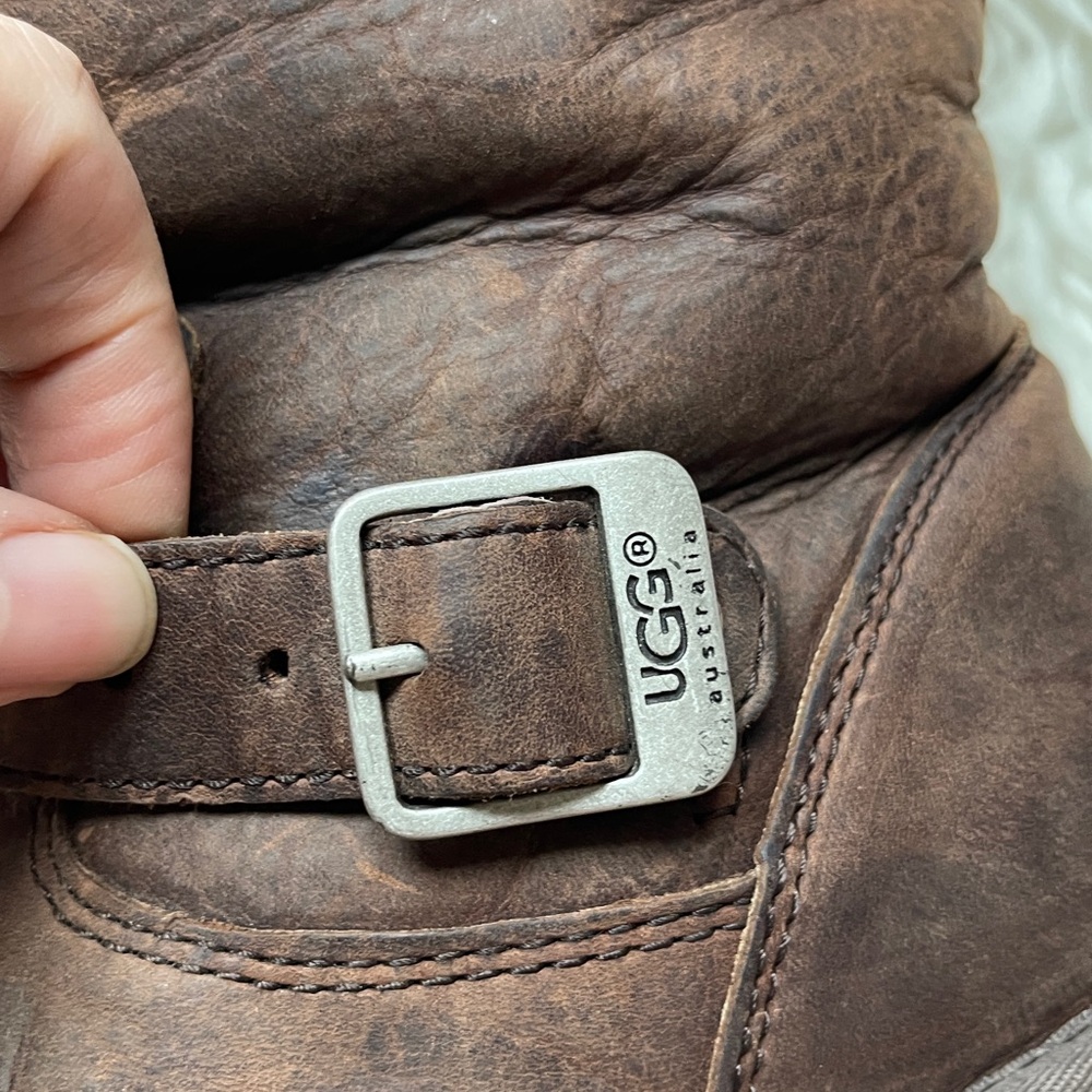 UGG Dark Brown Leather Moto Kensington Biker Engineer Sheepskin Boots - Picture 3 of 13